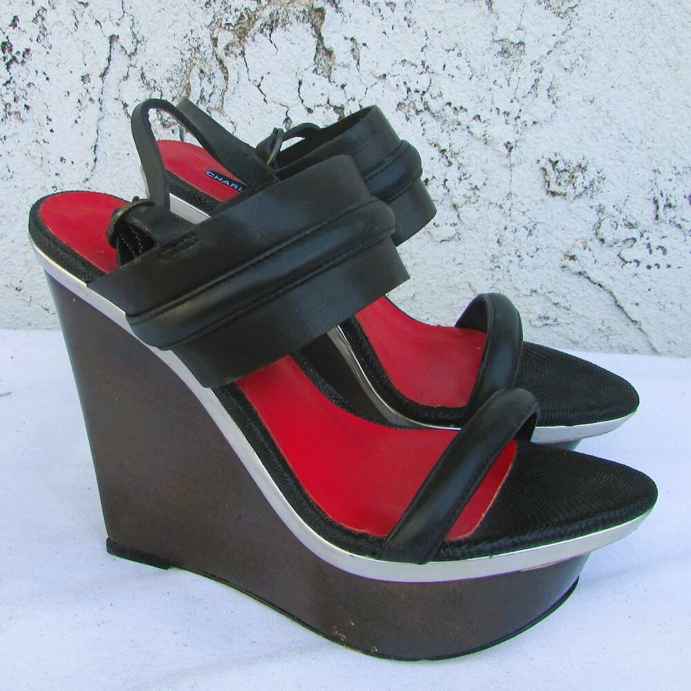 Charles Jordan black leather platform sandals 5.5